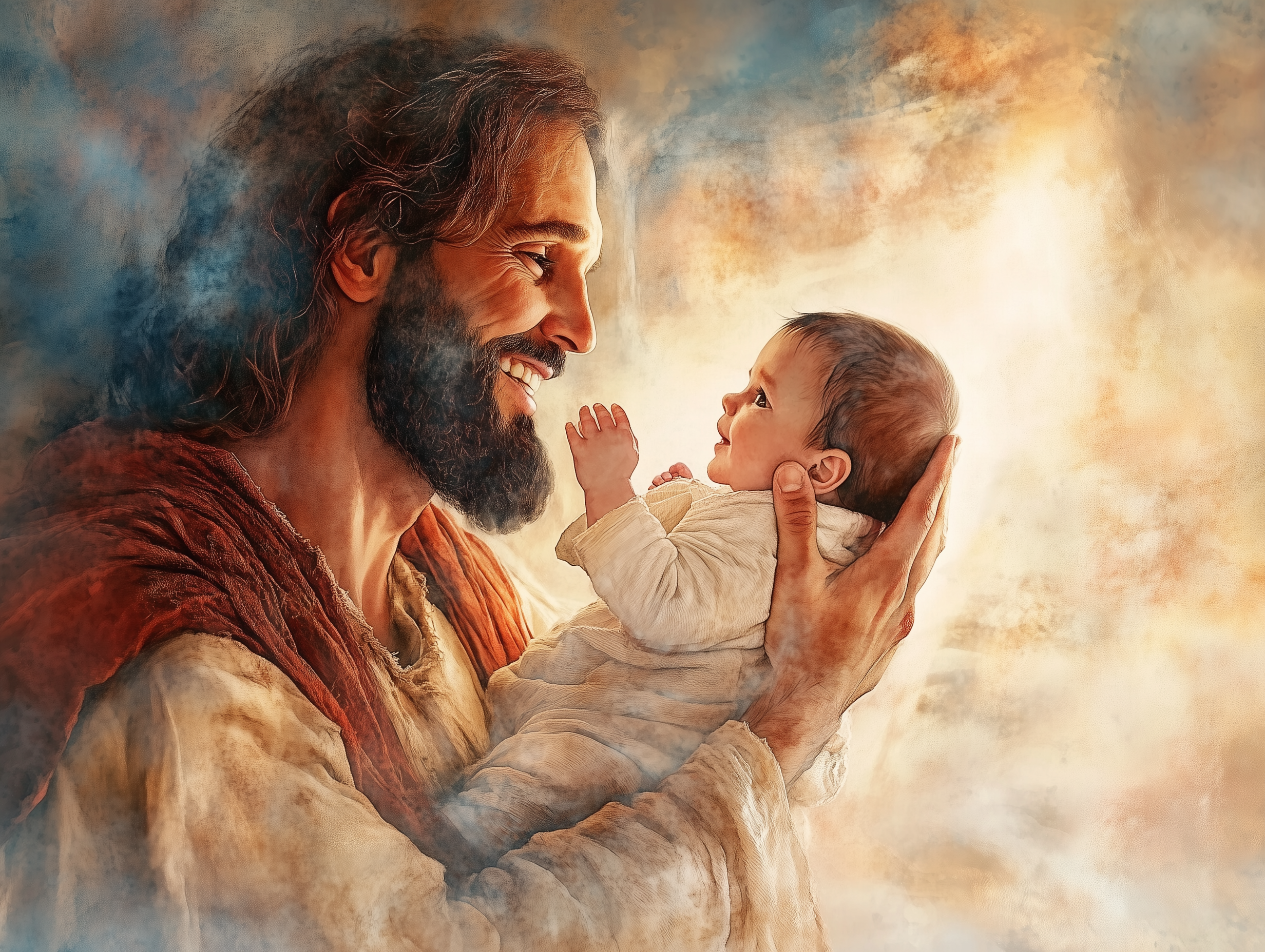 Painting of a bearded man holding a baby with a warm, glowing background